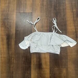 Albion Fit Kids Wave Stripe Ruffle Swim Top Blue White Size Small